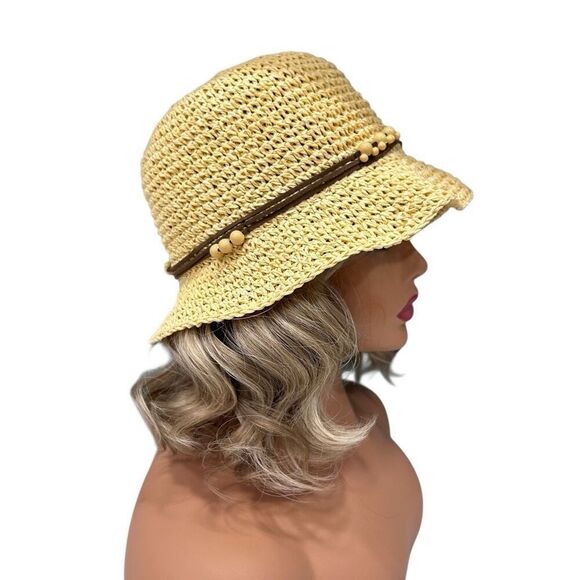 Vtg Walt Disney World Floppy Raffia Bucket Hat Women's OSFM Beige Leather Straps - Picture 3 of 7